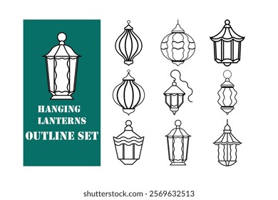 A collection of elegant hanging lanterns in outline style, featuring tassels and intricate details. Perfect for festive decorations, Islamic art, invitations, posters, and creative design projects.