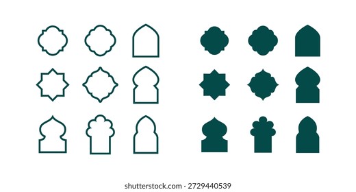 Colección de elegantes íconos de arco y geometría islámica en estilos de contorno y sólidos, perfectos para la marca, patrones y diseño de interfaz de usuario.