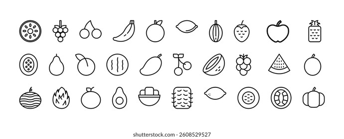 Collection of Elegant Line Art Fruit Icons Including Banana Lemon Apple Cherry and Watermelon on a Minimalist Background
