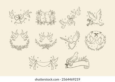 A collection of elegant line art illustrations featuring doves, ribbons, hearts, and floral garlands