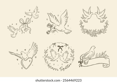 A collection of elegant line art illustrations featuring doves, ribbons, hearts, and floral garlands