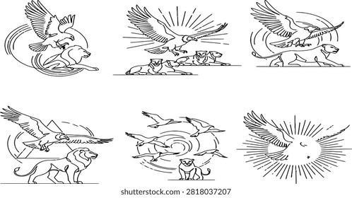 A collection of elegant line art illustrations featuring majestic eagles and powerful big cats