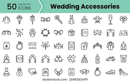 A collection of elegant linear icons representing various wedding accessories, including dresses, rings, cakes, and decorations, ideal for wedding planning and design.