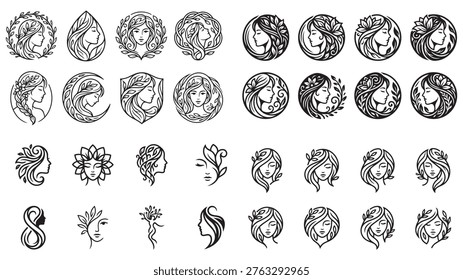 Collection of elegant logos and emblems depicting female profiles with floral and natural elements. Ideal for beauty, spa, and wellness brands. Artistic and feminine designs.
