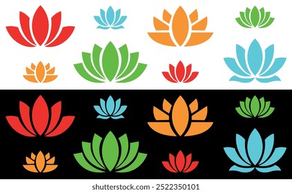 Collection of Elegant Lotus Flower Silhouettes in Various Styles and different colors. Vector illustration isolated on white and black background.