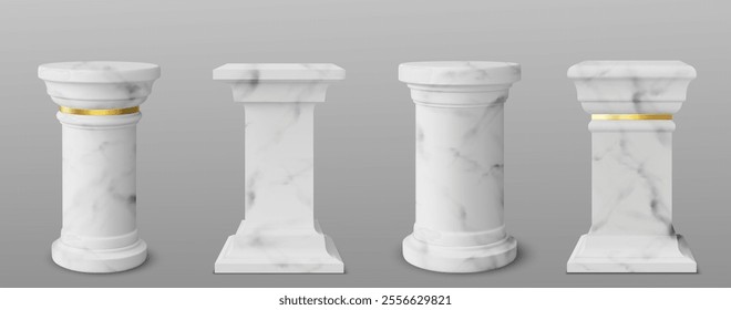 Collection of elegant marble podiums in classic design. White marble stand of round and square shapes with soft gray details, golden accents. Luxury platform for products display and award ceremony.