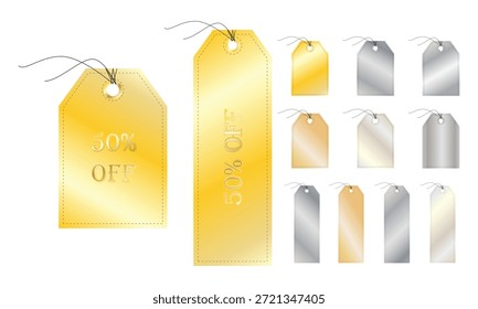 Coleção de etiquetas de presente metálicas elegantes com acabamento brilhante em ouro, prata e bronze, perfeito para anunciar grandes promoções de varejo baseadas em porcentagem.