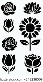 Collection of elegant and minimalist floral vector icons, including various flower designs in black and white.