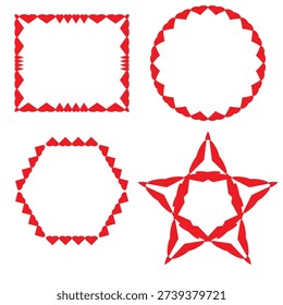 A collection of elegant and minimalist frames perfect for creative designs. The set features organic leafy borders and vibrant red heart-shaped frames arranged in square, circular, hexagonal, and star shapes. Each leaf is detailed with a unique linear texture, and the hearts are arranged to create clean, decorative outlines. These versatile vector-style graphics are ideal for wedding invitations, organic branding, Valentine's Day cards, eco-friendly themes, and artistic border elements.