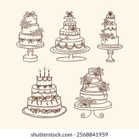 A collection of elegant minimalist line art wedding cake illustrations featuring floral, bow, and romantic elements, perfect for timeless celebrations and wedding designs.