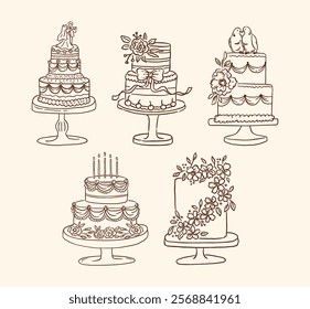 A collection of elegant minimalist line art wedding cake illustrations featuring floral, bow, and romantic elements, perfect for timeless celebrations and wedding designs.