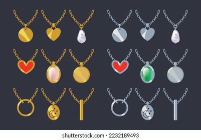 Colección de elegantes pendantes minimalistas. Collares de moda dorada y plateada ilustraciones vectoriales de dibujos animados. Elementos de joyería aislados. 