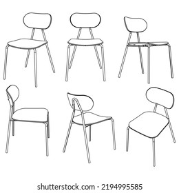 Colección de sillas modernas y elegantes con las manos dibujadas en líneas sobre ilustración vectorial de fondo blanco