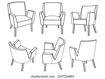 Collection of elegant modern chairs hand drawn with in lines on white background vector illustration