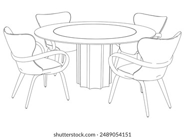 Collection of Elegant Modern Chairs and Table Set with Detailed Line Art on White Background. Vector Illustration