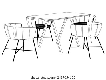 Collection of Elegant Modern Chairs and Table Set with Detailed Line Art on White Background. Vector Illustration