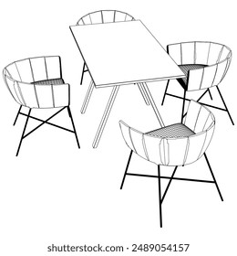 Collection of Elegant Modern Chairs and Table Set with Detailed Line Art on White Background. Vector Illustration