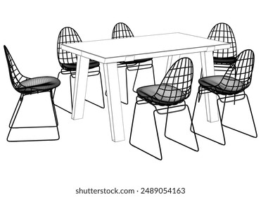 Collection of Elegant Modern Chairs and Table Set with Detailed Line Art on White Background. Vector Illustration