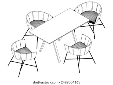 Collection of Elegant Modern Chairs and Table Set with Detailed Line Art on White Background. Vector Illustration
