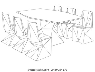 Collection of Elegant Modern Chairs and Table Set with Detailed Line Art on White Background. Vector Illustration