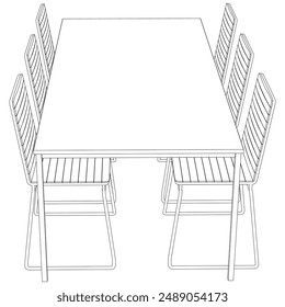 Colección de sillas y mesa elegantes y modernas con líneas detalladas sobre fondo blanco. Ilustración vectorial