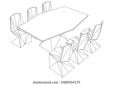 Kollektion von eleganten modernen Stühlen und Tisch mit detaillierter Linienkunst auf weißem Hintergrund. Vektorillustration