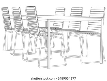 Collection of Elegant Modern Chairs and Table Set with Detailed Line Art on White Background. Vector Illustration