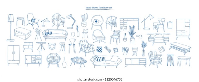 Collection of elegant modern furniture and home interior decorations of trendy Scandinavian or hygge style hand drawn with blue contour lines on white background. Monochrome vector illustration