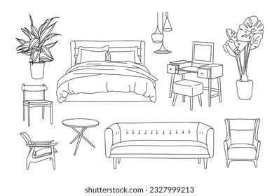 Colección de elegantes muebles modernos y decoración casera de estilo moderno de los años 70 retro a la moda, con un bosquejo negro dibujado a mano sobre fondo blanco. Ilustración vectorial monocroma.