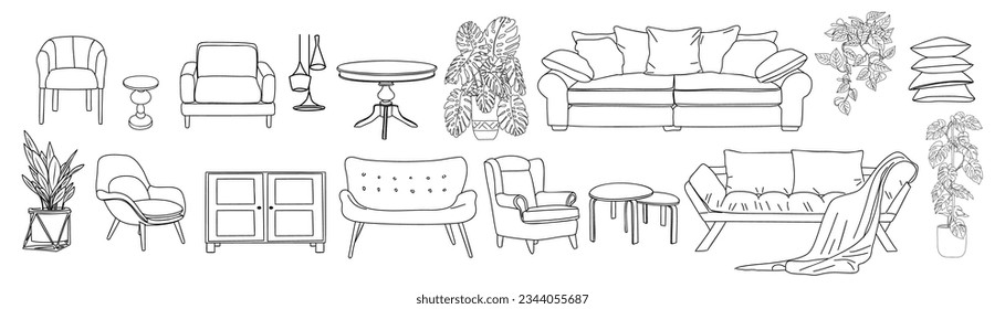 Colección de muebles modernos y elegantes, decoración interior casera de estilo moderno de los años 70 de mediados de siglo. Ilustración vectorial de línea dibujada a mano, boceto de tinta negra aislado en fondo blanco