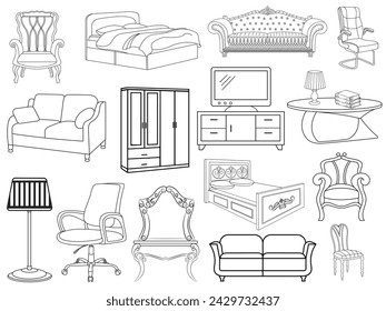 Colección de elegantes muebles modernos y decoraciones interiores de moda. Cocina, dormitorio, sofá mesa, armario de biblioteca, silla, colchón, lámparas, ilustraciones de vector de escalera. Vector de muebles 