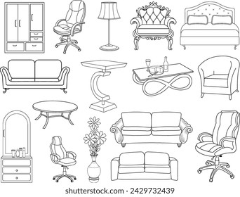 Collection of elegant modern furniture and home interior decorations of trendy. Kitchen, bedroom, sofa table, bookcase closet, chair, mattress, lamps, ladder vector illustrations. Furniture vector 