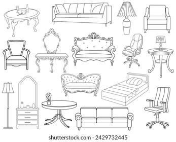 Collection of elegant modern furniture and home interior decorations of trendy. Kitchen, bedroom, sofa table, bookcase closet, chair, mattress, lamps, ladder vector illustrations. Furniture vector 