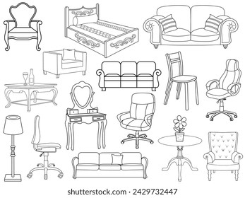 Collection of elegant modern furniture and home interior decorations of trendy. Kitchen, bedroom, sofa table, bookcase closet, chair, mattress, lamps, ladder vector illustrations. Furniture vector 
