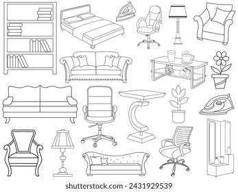 Colección de elegantes muebles modernos y decoraciones interiores de moda. Cocina, dormitorio, sofá-mesa, armario de biblioteca, silla, colchón, lámparas, conjunto de ilustración vectorial de muebles.