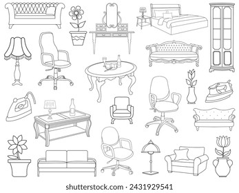 Colección de elegantes muebles modernos y decoraciones interiores de moda. Cocina, dormitorio, sofá-mesa, armario de biblioteca, silla, colchón, lámparas, conjunto de ilustración vectorial de muebles.