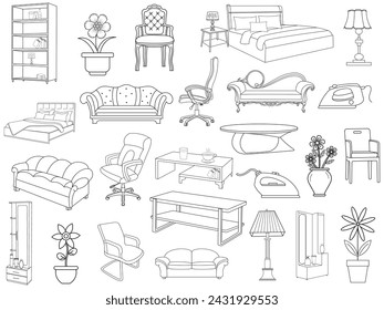 Collection of elegant modern furniture and home interior decorations of trendy. Kitchen, bedroom, sofa table, bookcase closet, chair, mattress, lamps, furniture vector illustration set.