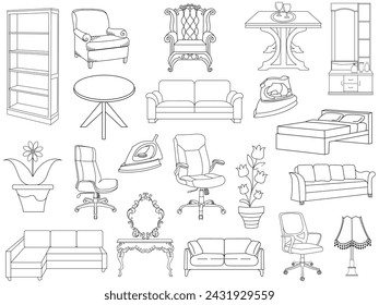 Colección de elegantes muebles modernos y decoraciones interiores de moda. Cocina, dormitorio, sofá-mesa, armario de biblioteca, silla, colchón, lámparas, conjunto de ilustración vectorial de muebles.