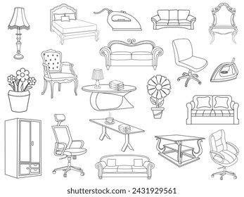 Collection of elegant modern furniture and home interior decorations of trendy. Kitchen, bedroom, sofa table, bookcase closet, chair, mattress, lamps, furniture vector illustration set.