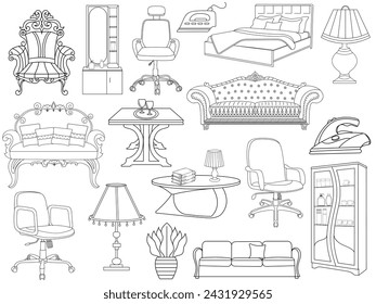 Collection of elegant modern furniture and home interior decorations of trendy. Kitchen, bedroom, sofa table, bookcase closet, chair, mattress, lamps, furniture vector illustration set.