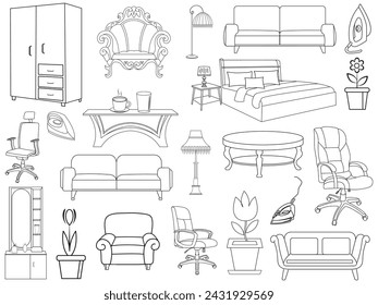 Collection of elegant modern furniture and home interior decorations of trendy. Kitchen, bedroom, sofa table, bookcase closet, chair, mattress, lamps, furniture vector illustration set.