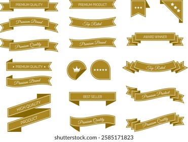 Collection of elegant and modern gold ribbons and banners. Premium Product labels, Award Winner badges and Best Seller ribbons. Isolated vector illustration designs for branding and marketing