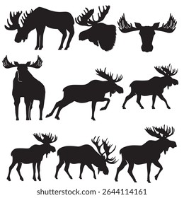 A collection of elegant moose silhouette illustration in various dynamic poses, perfect for use in wildlife themed design, nature inspired projects, background, minimalist graphics composition etc