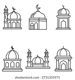 A collection of elegant mosque icons featuring domes, minarets, and crescent moons in a modern thin-line style. This vector set is perfect for representing Islamic architecture, religious holidays like Ramadan, and Middle Eastern culture.