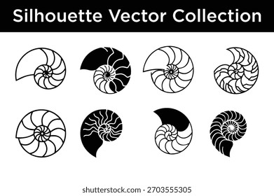 A collection of elegant nautilus shell silhouettes in vector format, perfect for marine and nature designs.