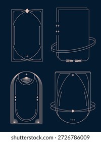 Coleção de elegantes bordas geométricas azul marinho com anéis e estrelas de planetas celestes