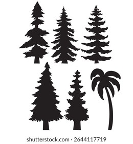 A collection of elegant pine tree silhouette illustration in various dynamic styles perfect for nature inspired projects, Clipart, elements design,etc