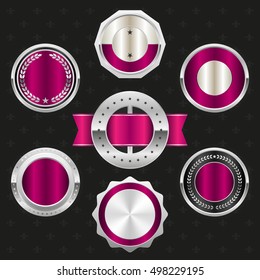 Collection of elegant purple and silver design elements - buttons, badges, labels
