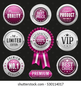 Collection of elegant purple and silver design elements - buttons, badges, labels