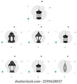 A collection of elegant Ramadan lantern icons featuring traditional Islamic designs. Perfect for Ramadan Kareem, Eid celebrations, and festive decorations. 